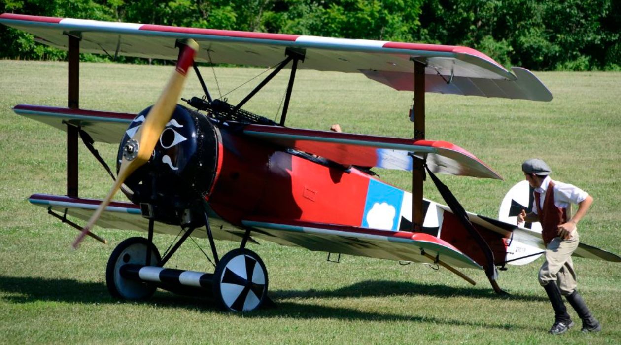 An antique biplane is ready for takeoff at an air show at the Old Rhinebeck Aerodrome, Red Hook